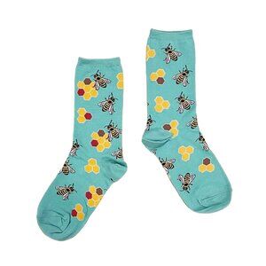Bee & Honeycomb Crew Socks — Teal Yellow Cotton Blend — Fun Gift Idea